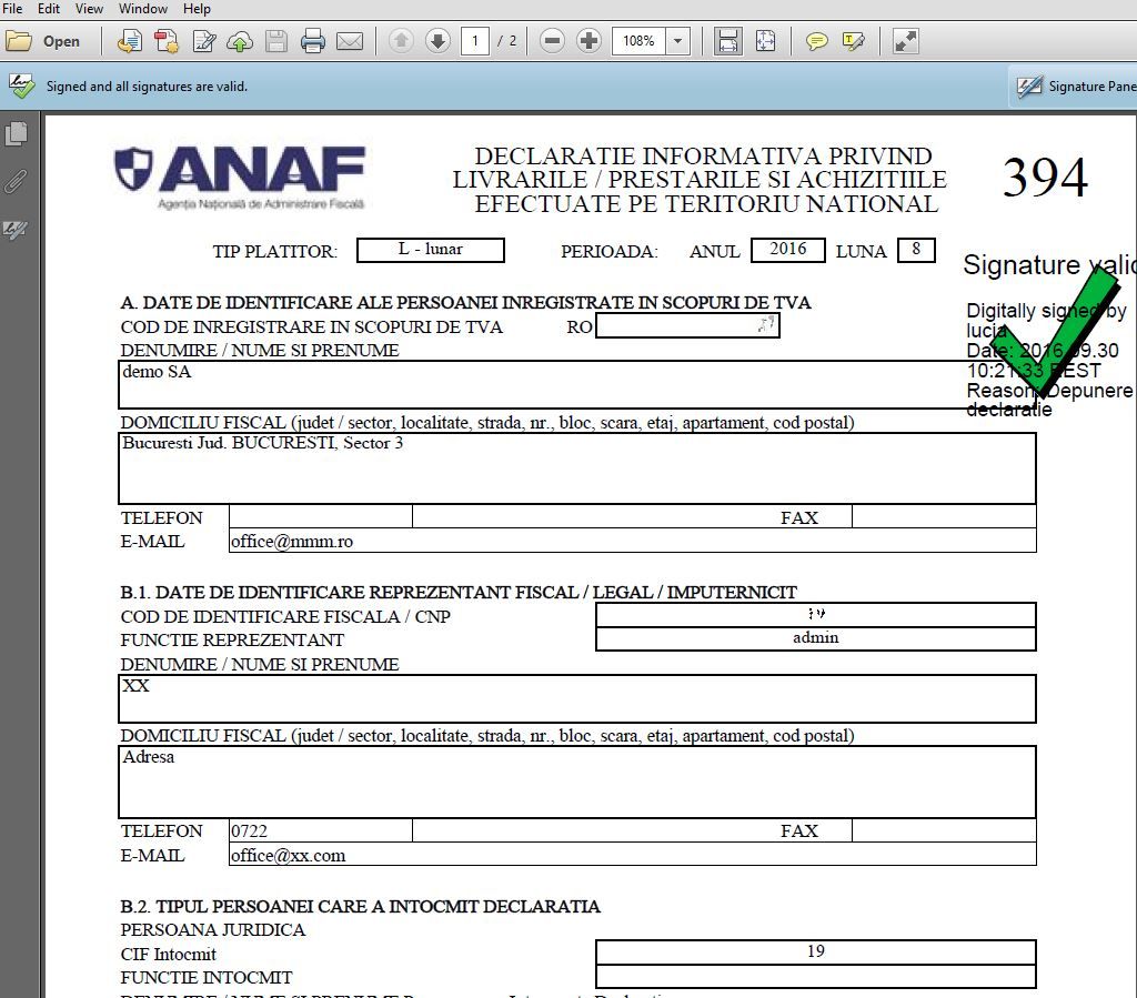 Declarația 394 generată în format PDF